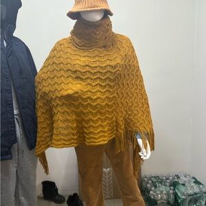Mustard Yellow Knit Poncho with Fringe